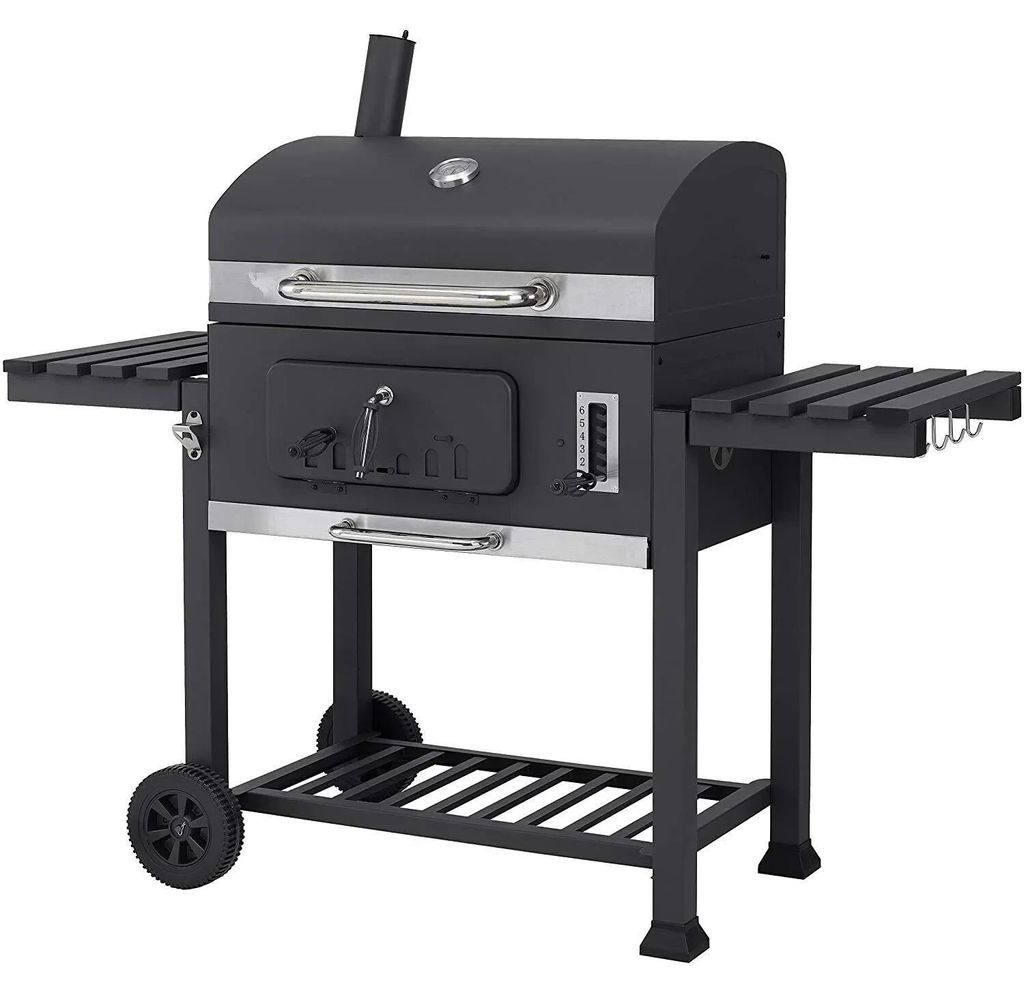 Holzkohlegrill - BBQ Offset-Smoker - Edelstahl - Mit Abdeckung - Seiten- & Bodenablage - Verstellbare Lüftung - Trolley mit Rädern - Flaschenöffner