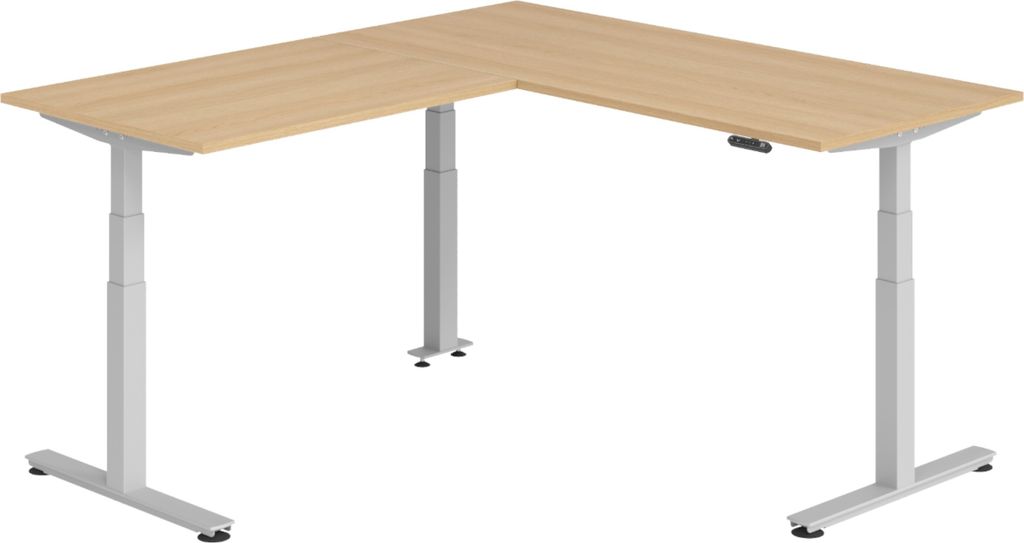 bümö Eckschreibtisch elektrisch höhenverstellbar L-Form - Gestell: Silber, Nachbildung: Eiche, Größe: Eckschreibtisch 180 x 200 cm