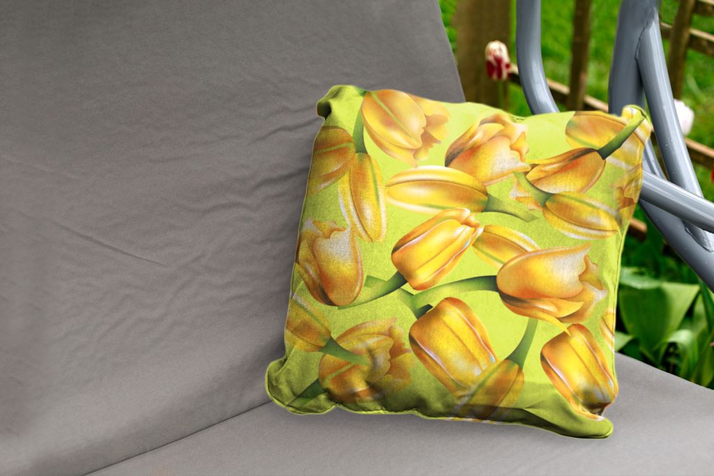 MuchoWow Outdoor Kissen - Eine Illustration von gelben Tulpen auf einem grünen Hintergrund - 50x50 cm - Wetterfest - Lounge Kissen - Komfortabel...