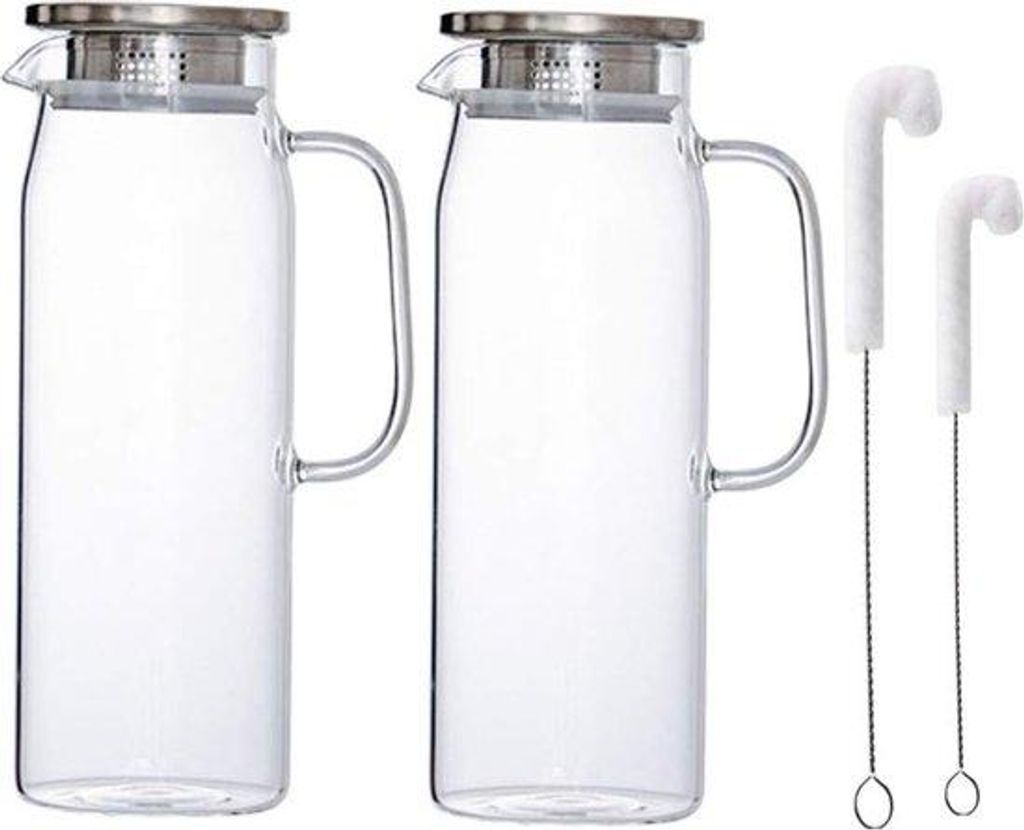 Gläserner Wasserkrug 1,5 Liter gläserner Krug mit rostfreiem Stahldeckel und Griff - Wasserkanne aus Borosilicatglas