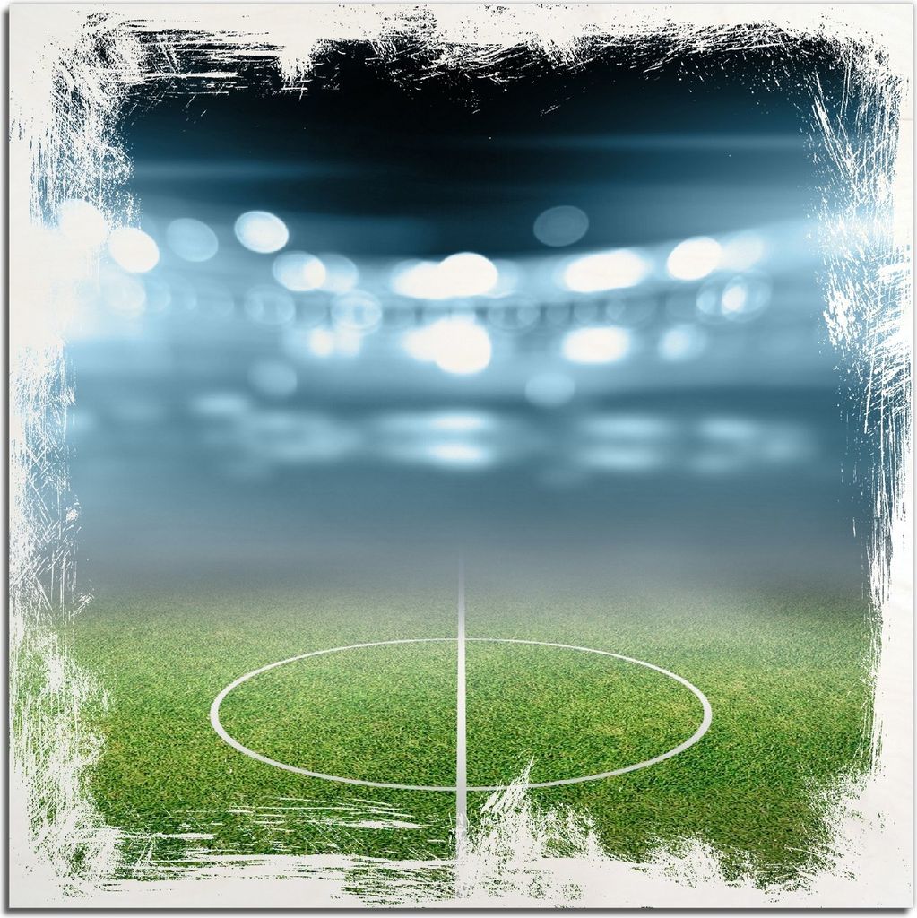 Kunstdrucke Wandbilder Holz in : Brillante Farben, Größe 50 x 50 cm Motiv Fußball Stadion Mittellinie II