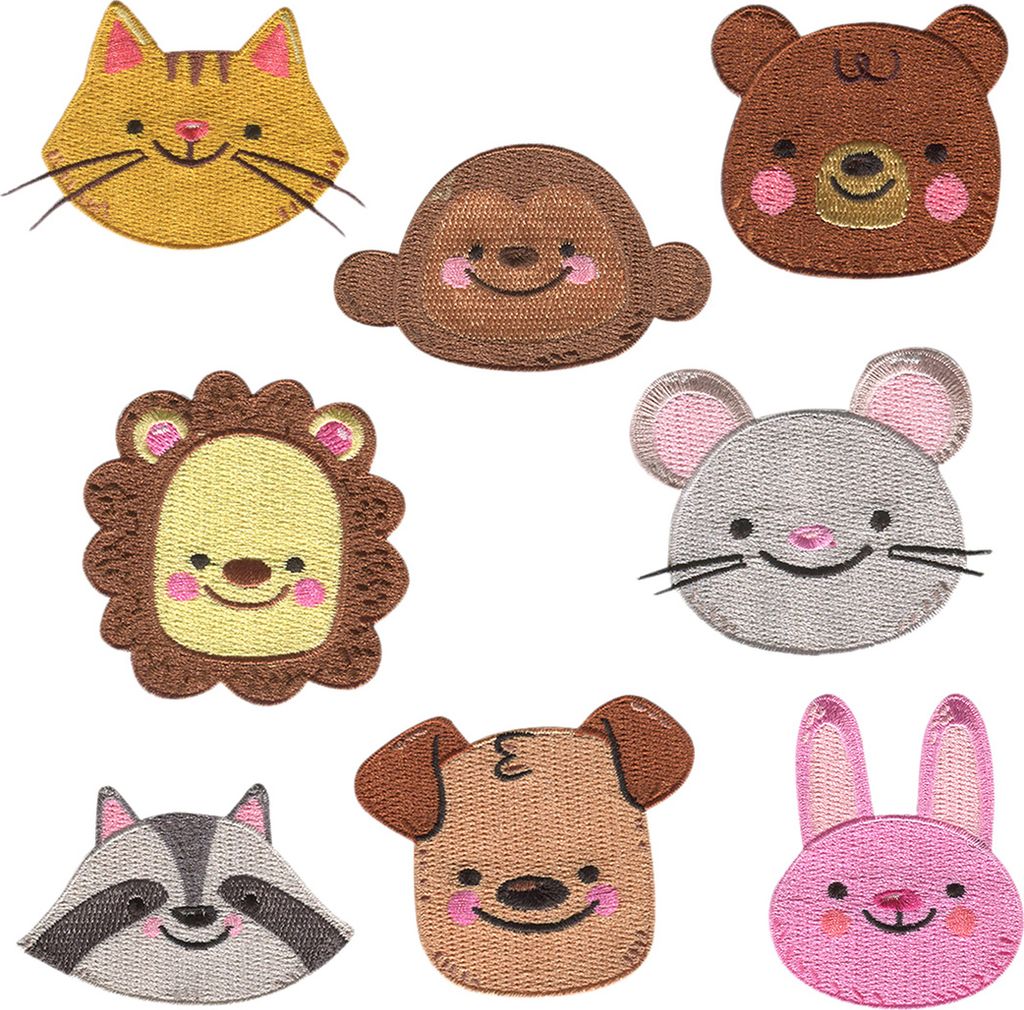 Tier Kopf Set 8 Stück - Aufnäher, Bügelbild, Aufbügler, Applikationen, Patches, Flicken, Zum Aufbügeln