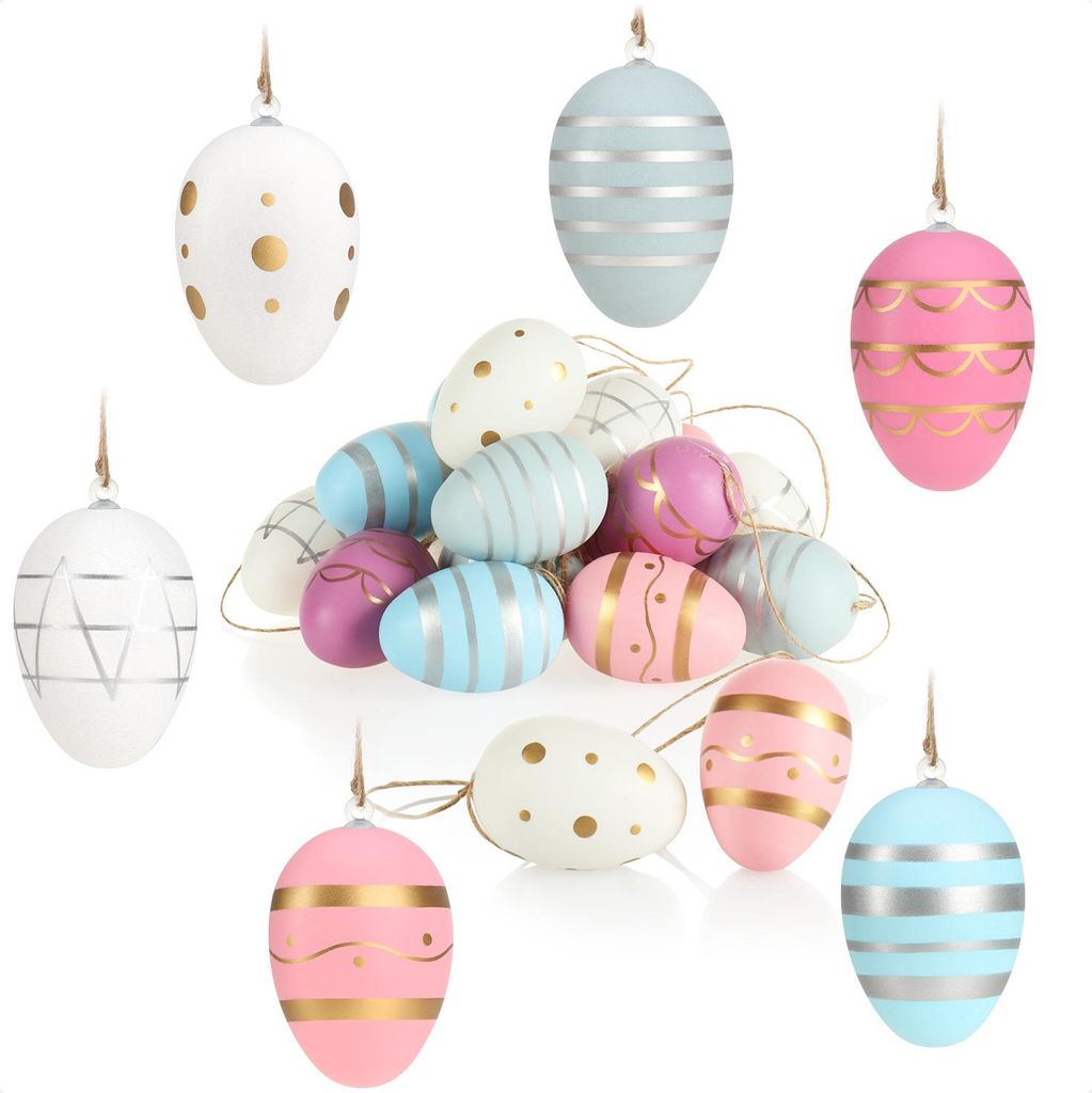 com-four 18x Ostereier zum Aufhängen - Ostereier mit Muster rosa/blau/weiß - Hängedeko aus Kunststoff für den Osterstrauß