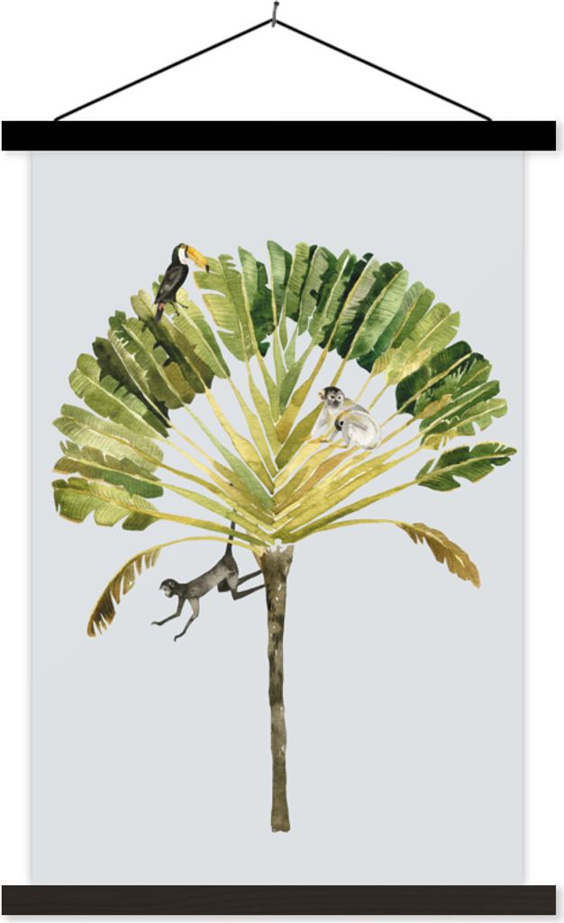 MuchoWow Textilposter Dschungel - Palme - Vogel 60x90 cm mit schwarzem Rahmen - Poster Wohnzimmer