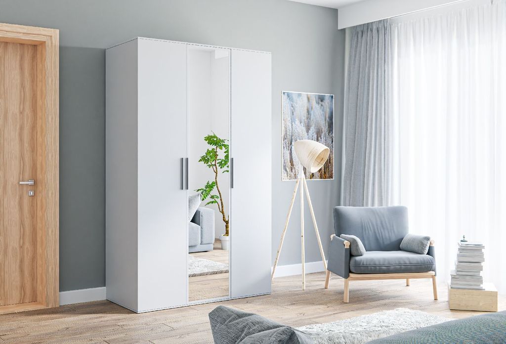 Kleiderschrank BONNIE 120 Weiß mit Spiegiel Drehtürenschrank mit Einlagenboden Garderobe mit Stange