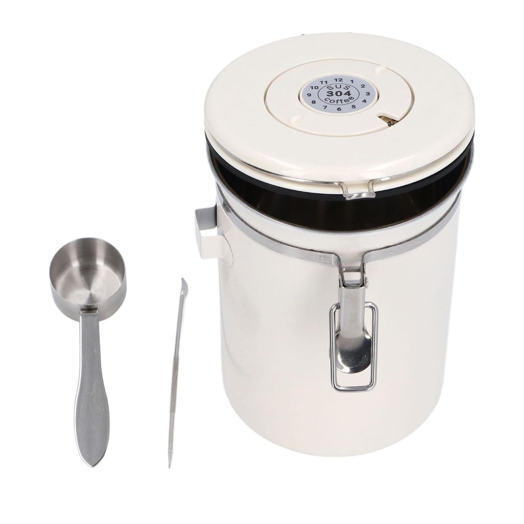 Kaffeedose 1,8L Edelstahl 304 – luftdichter Behälter für Kaffeebohnen, Tee, Mehl & Zucker, inkl. Löffel & Coffee Art Stift, Weiß