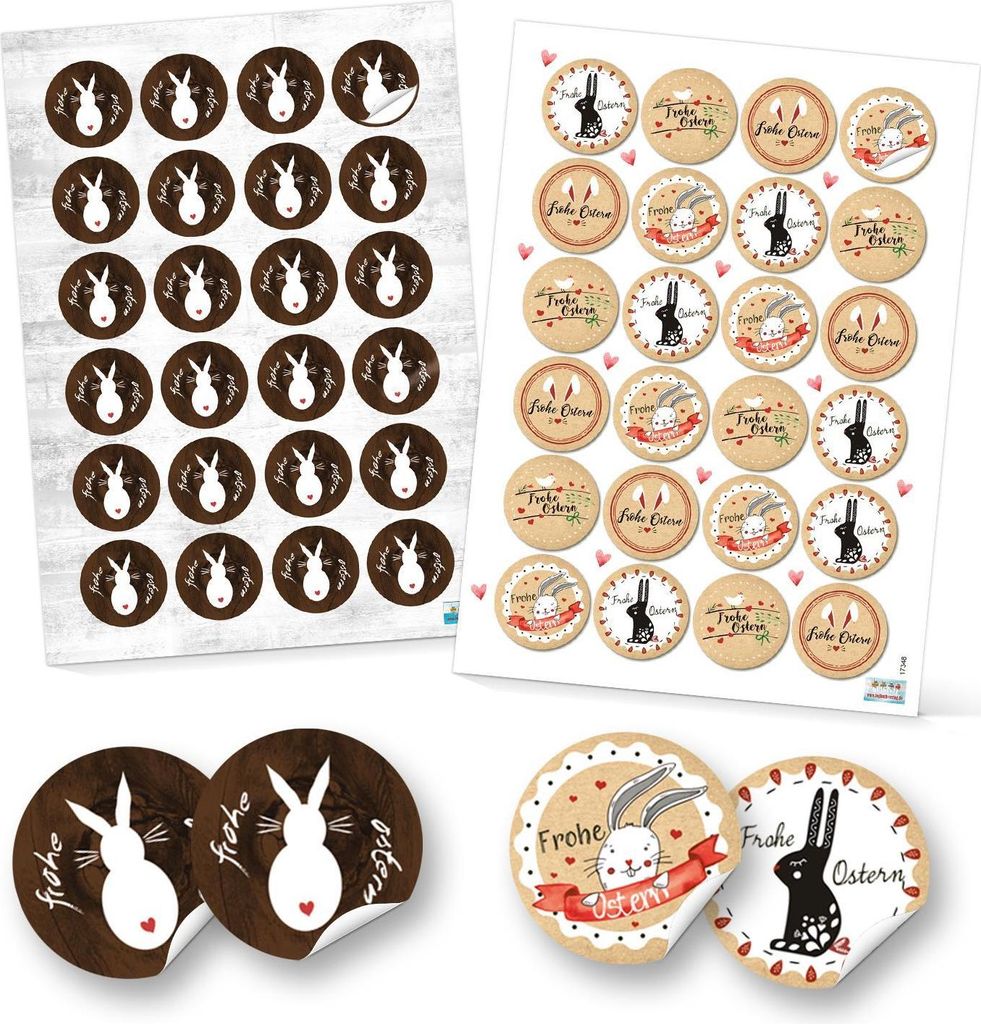 SET 96 Frohe Ostern Aufkleber Osterhase Osterdeko bunt Osteretiketten rund Verpackung Kindergeschenke Geschenke Give-Away braun beige weiß rot