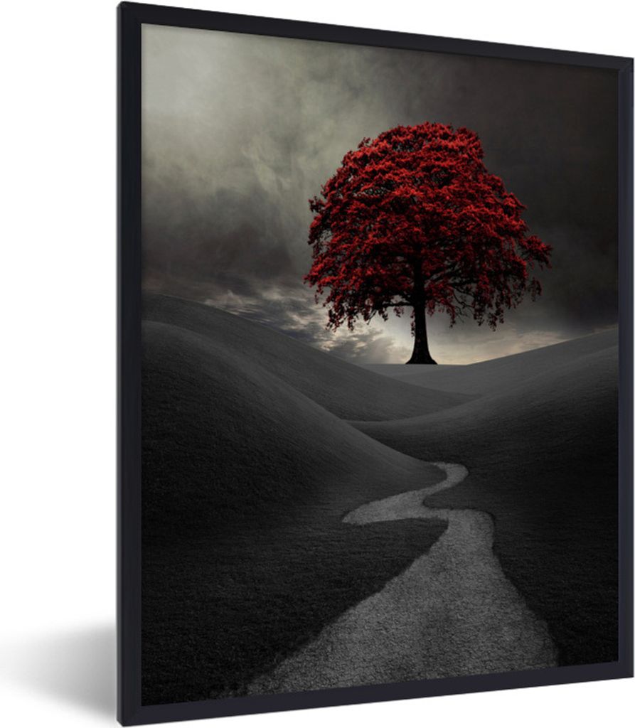 MuchoWow Gerahmtes Poster Ein Schwarz-Weiß-Foto mit einem großen roten Baum 60x80 cm - Poster mit Schwarzem Bilderrahmen Wandposter Rahmen Foto...