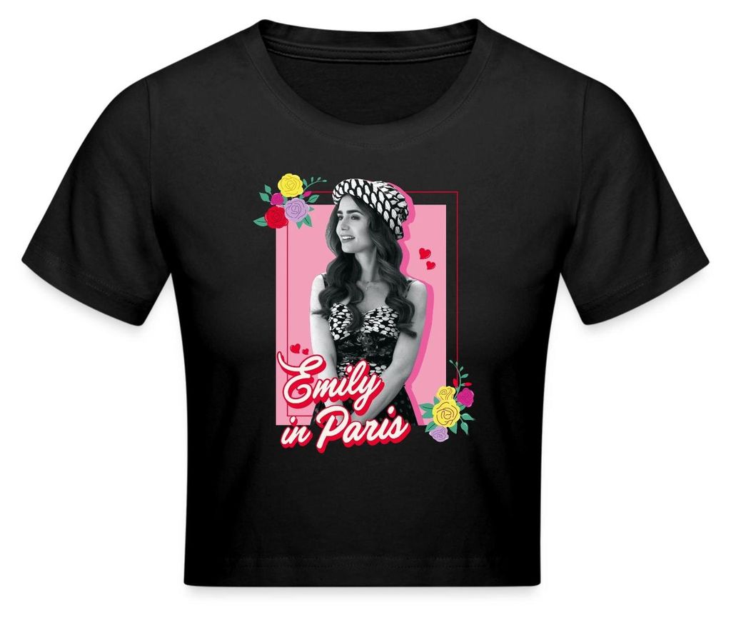 Spreadshirt Emily In Paris Emily Schwarz-Weiß Bild Mit Blumen Crop Top, XL, Schwarz