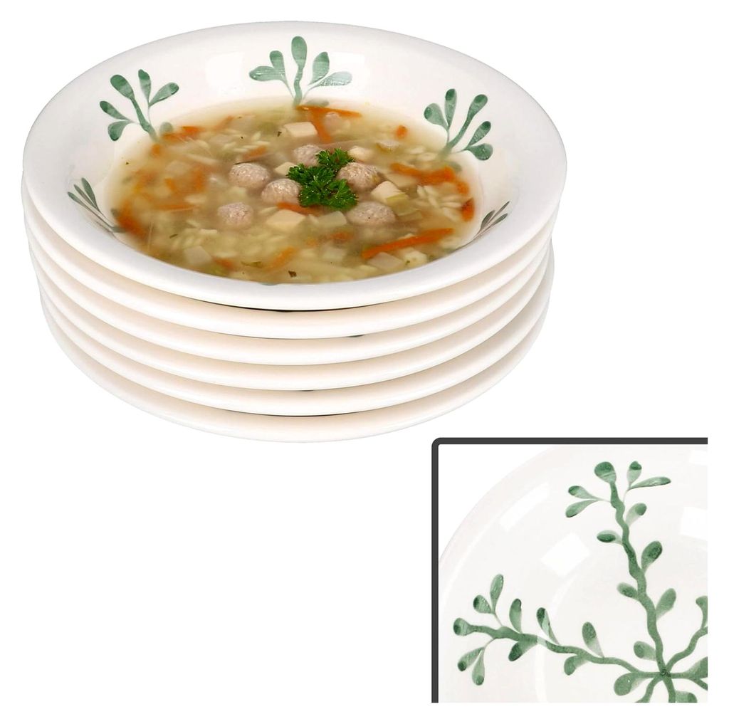 6-teiliges Set Suppenteller in Waldgrün I 400 ml I tiefer Steingut-Teller für 6 Personen mit abstrakten Zweigen I geeignet für Salat, Suppe, Rei...