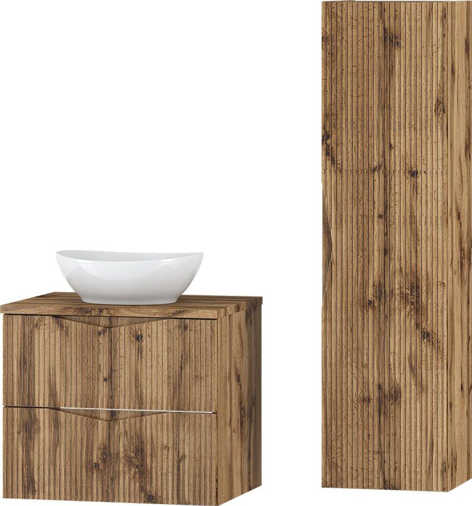 Badmöbel-Set 2-teilig mit 60 cm Waschtisch in Eiche mit gerillter Front - CALURI-140