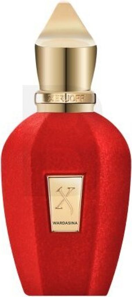 A red perfume bottle with a gold cap and label.