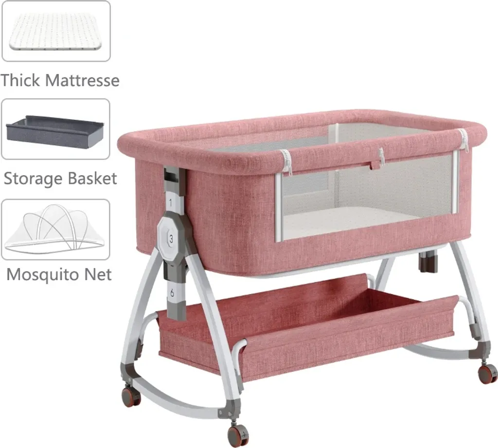 Lit bébé cododo rose réglable en hauteur avec mode latéral sécurisé