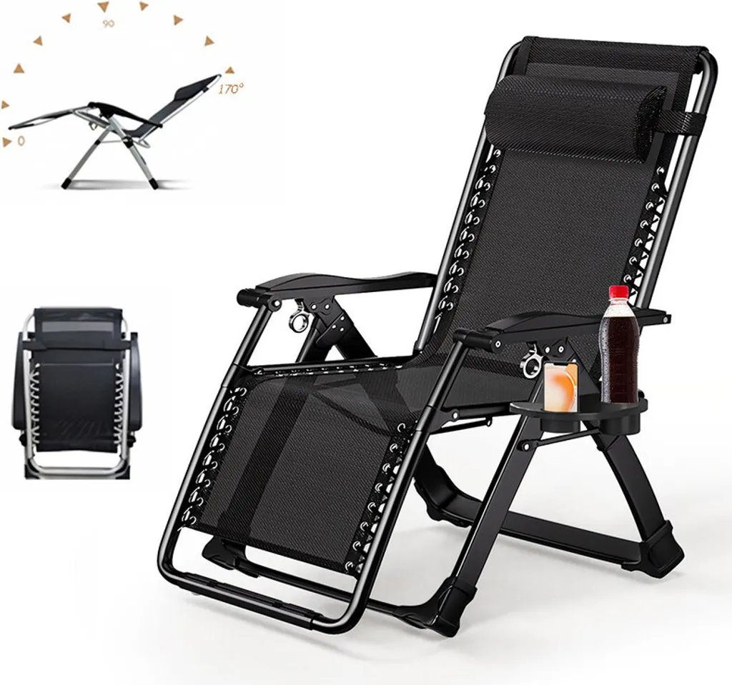 Chaise longue pliable noire ergonomique pour soulager le dos au jardin