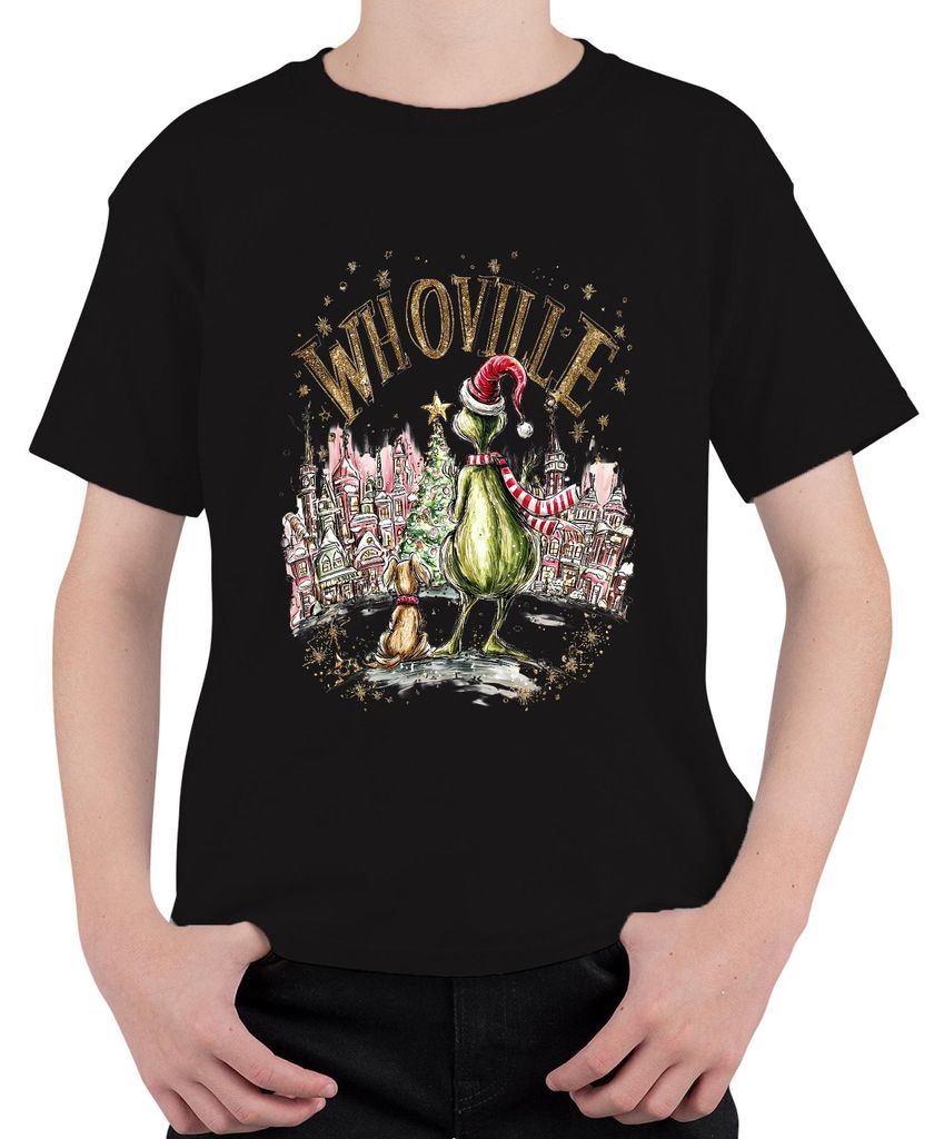 Whoville Grinch Santa Hut Schal Weihnachten Hund Geschenk Vintage Uni Kinder T-Shirt, Schwarz, 140