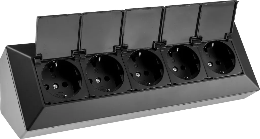 Bloc de 5 prises noir 250V 16A montage en saillie avec clapets IP44