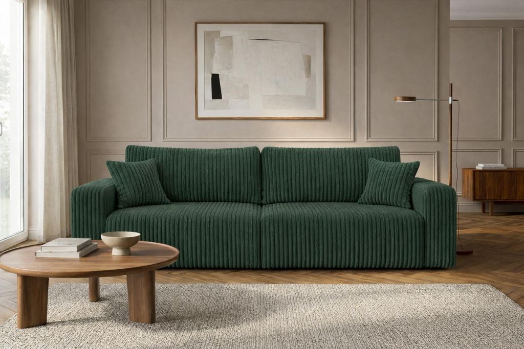 Kaiser Möbel Sofa mit Schlaffunktion und Bettkasten, Cordstoff Tilia, Grün, MILANO SCORNER