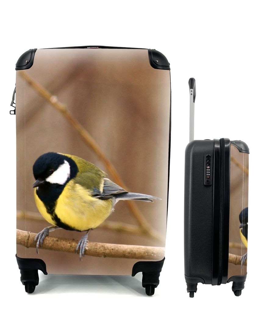 MuchoWow Koffer Handgepäck Trolley Rollkoffer Kleine Reisekoffer mit 4 Rollen - Kohlmeise auf einem Ast sitzend - Cabin Size < 55x40x23 cm & 55x...