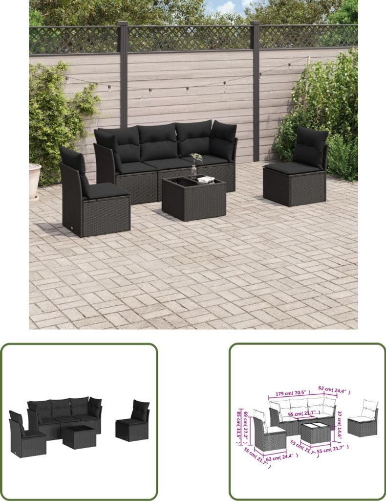 The Living Store 6-tlg. Garten-Sofagarnitur mit Kissen Schwarz Poly Rattan
