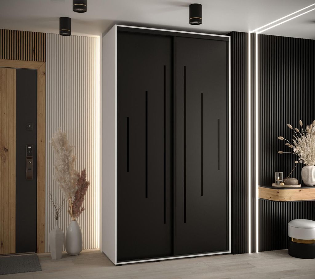 Kleiderschrank YVONA 12 - 130/60 cm, weiß / schwarz / schwarz