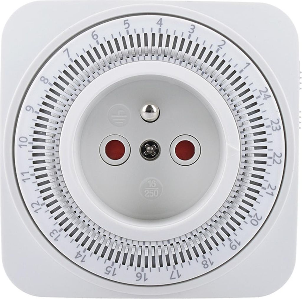 A close-up, front-facing view of a white electrical timer outlet with a circular dial and numerical markings.