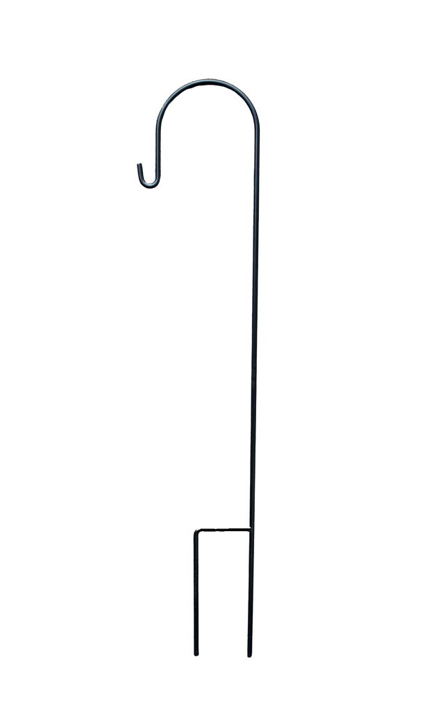 A black metal garden hook on a white background.