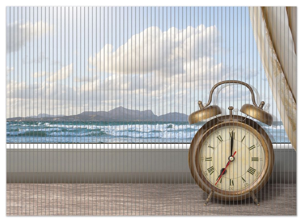 Wallario Duschmatte Antirutschmatte Badmatte Fußmatte Guten Morgen sagt das Meer - Wecker und Vorhang am Fenster, Größe ca. 90 x 65 cm