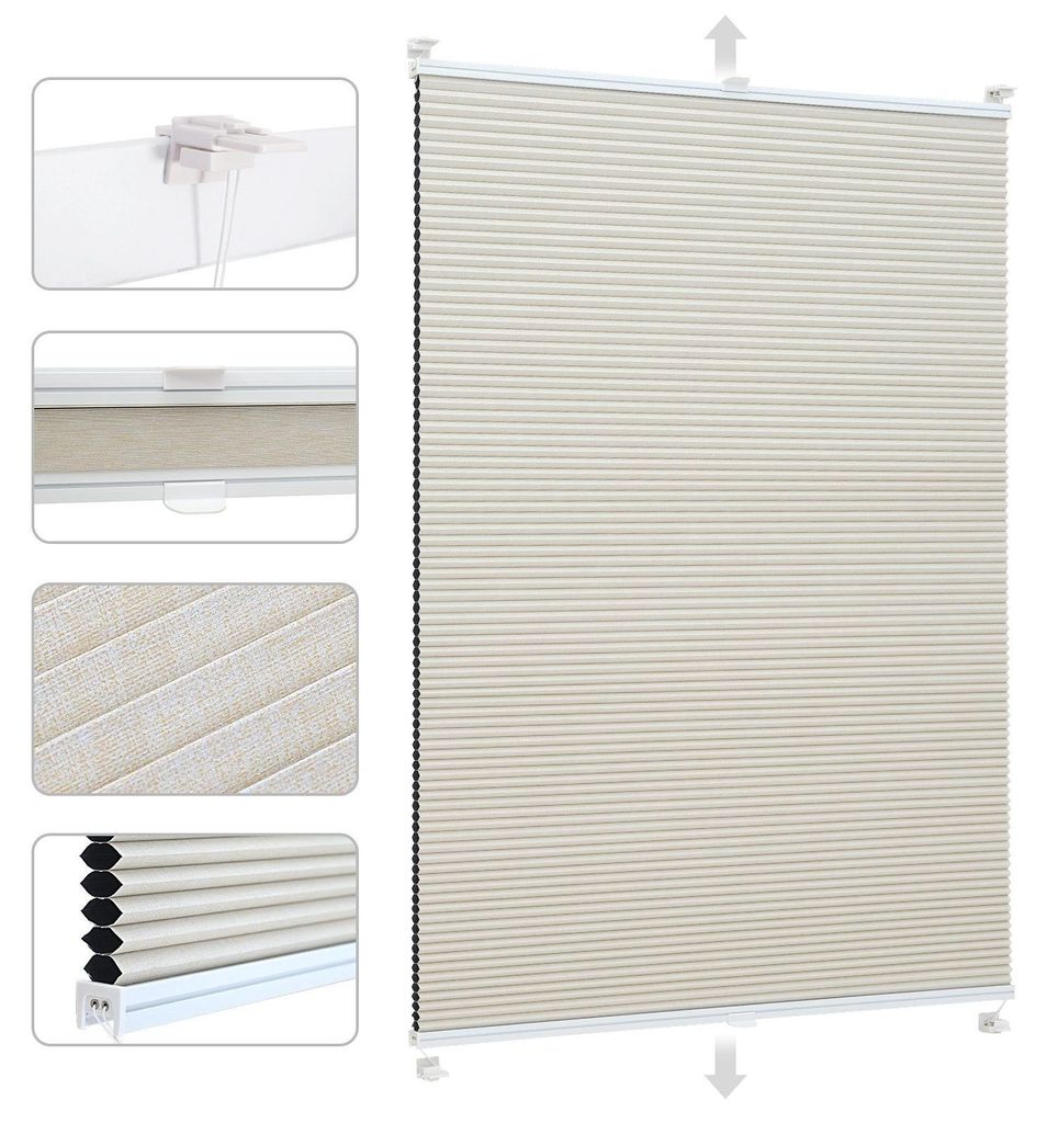 Sekey Wabenplissee ohne Bohren 90x120cm Doppelplissee Beige mit Textiloptik Plissee Klemmfix 100% Verdunklung & Sonnenschutz Faltrollo Klemmfix fü...