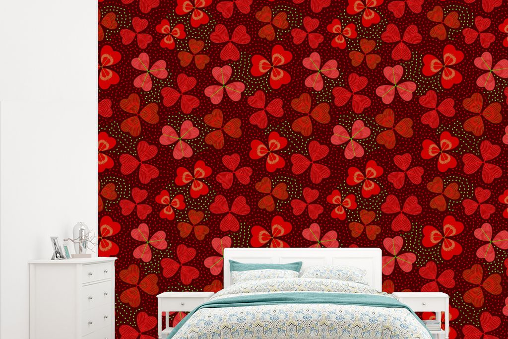 MuchoWow Fototapete für Wohnzimmer oder Schlafzimmer Wandtapete Vinyl Motivtapete Muster - Klee - Rot - 265x220 cm - Die Küche