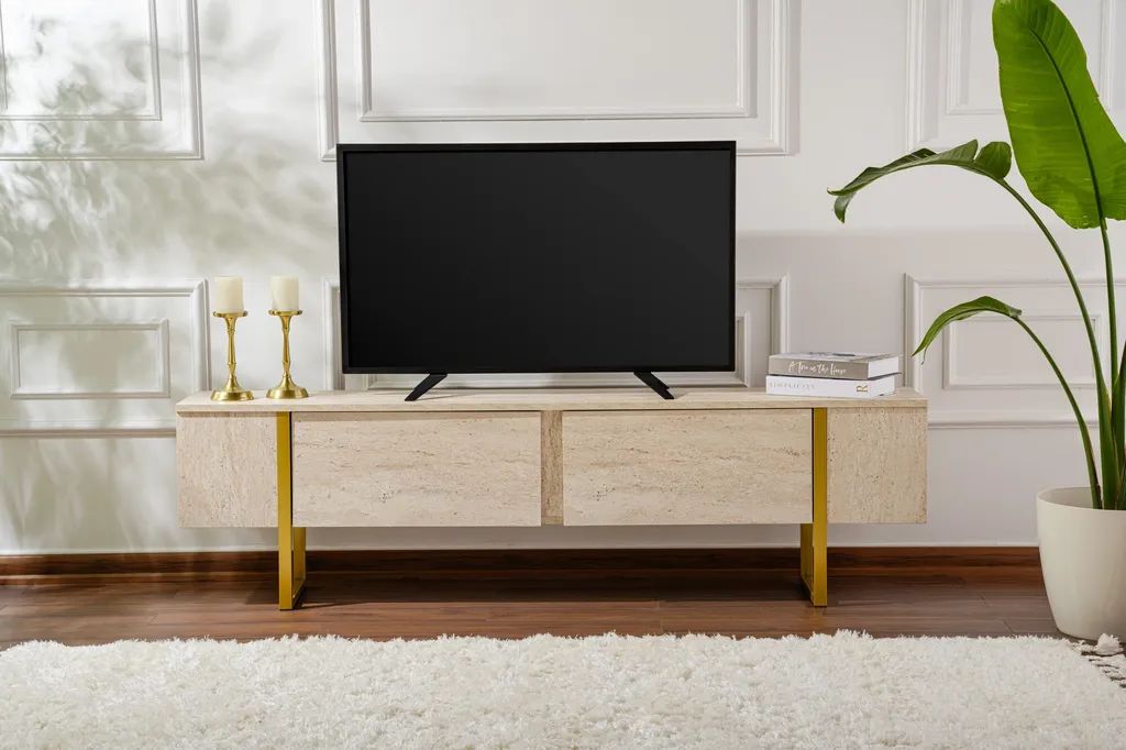Meuble TV Serenity en Travertin 180cm : Robustesse et Design Sans Compromis