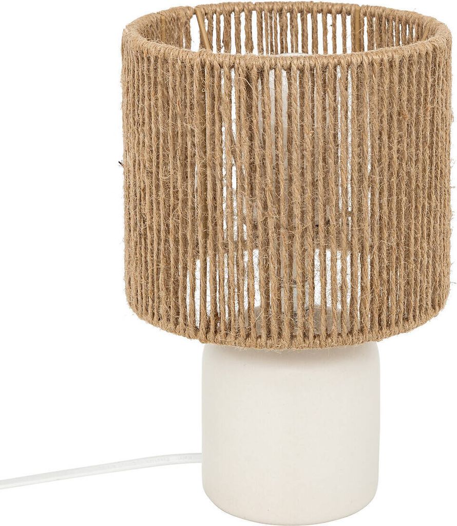A close-up studio shot of a table lamp with a white base and a woven jute lampshade.