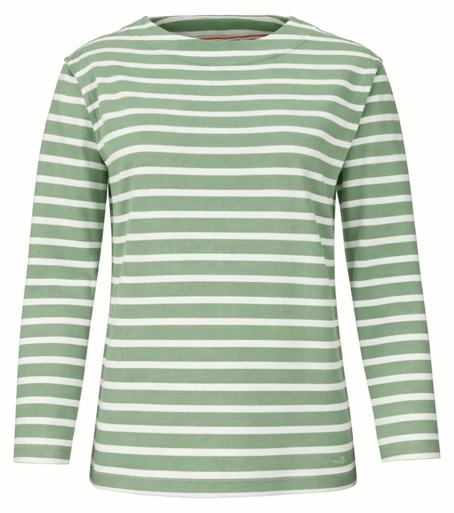 modAS Damen Shirt Bretonisches Damenshirt mit U-Boot Ausschnitt - Ringelshirt Streifenshirt Langarmshirt mit Streifen aus Baumwolle in Salbei-Weiß...