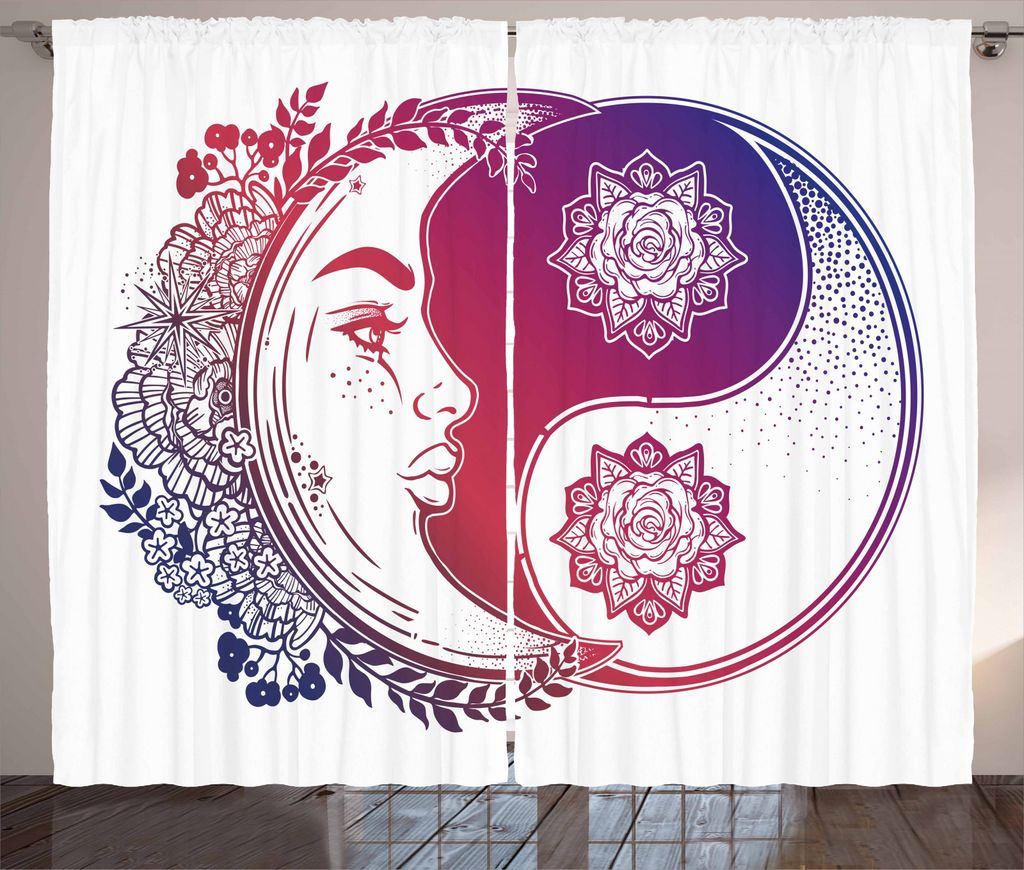 ABAKUHAUS Yin-Yang Rustikaler Vorhang, Oriental Crescent Moon, Wohnzimmer Universalband Gardinen mit Schlaufen und Haken, 280 x 245 cm, Dunkelblau ...