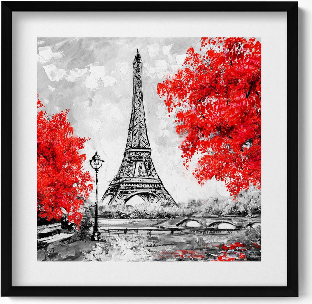Gemälde des Eiffelturms und roter Bäume– Wandbild mit Rahmen – Gerahmtes Bild – Wanddekoration – 50x50 cm – Schwarz Rahmen