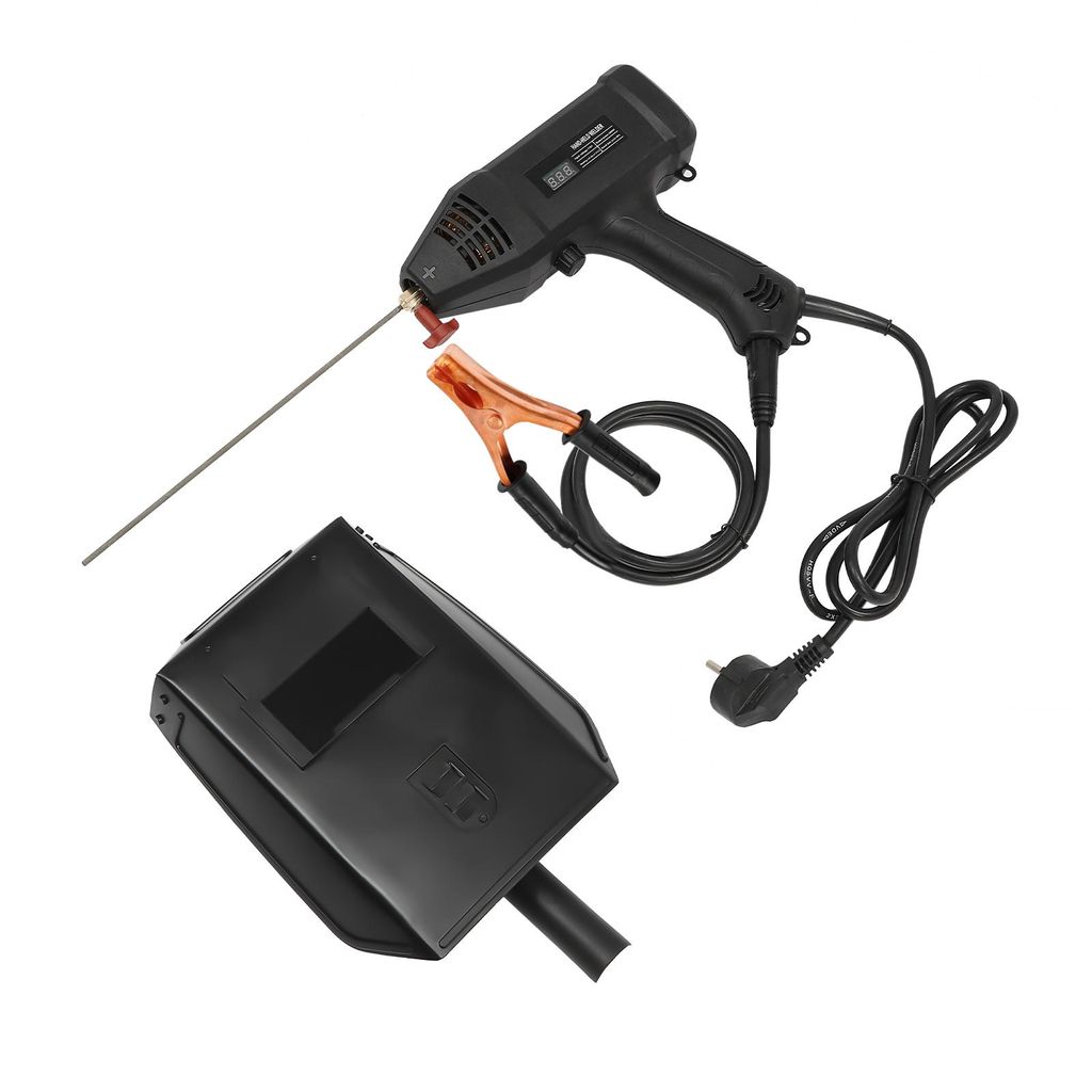 A welding tool and a welding mask are laid out on a white background.