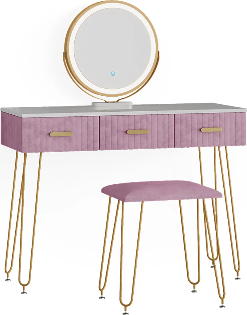 Table de Maquillage Vicco Layla Rose avec Miroir LED et Tabouret Confort