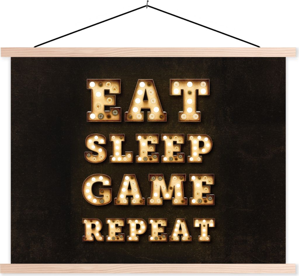 MuchoWow Textilposter Spiele - Spiele - Zitate - Sprichwörter - Eat sleep game repeat 60x45 cm mit holzfarbenen Rahmen - Bild