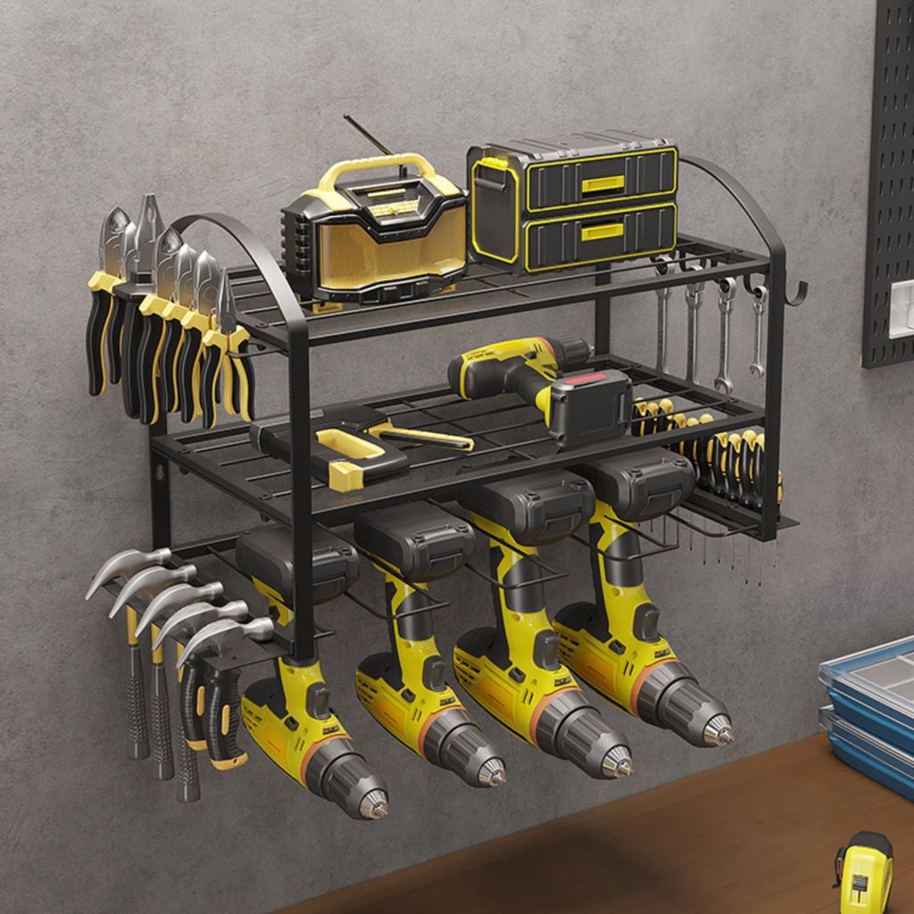 Lager- und Regalsysteme, 3-lagiges Wandmontage Lagerregal, 40 x 20 x 26cm Regal, Kellerregal mit seitlichen Haken, Metall Regale, für Werkzeuge