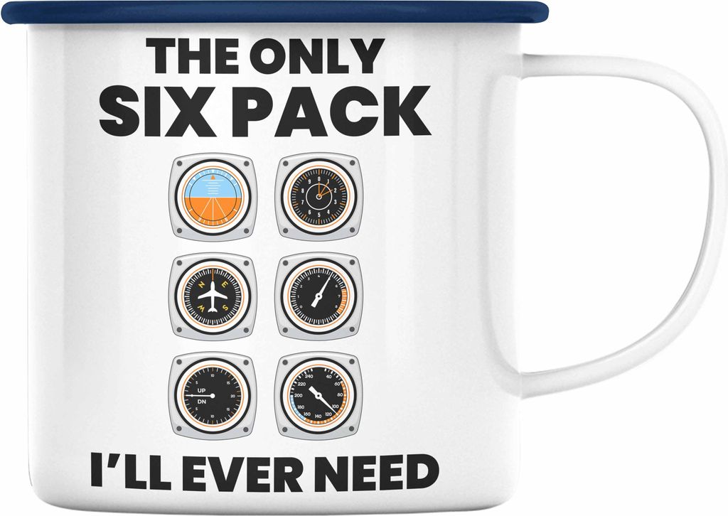 Trendation - Pilot Geschenk Emaille Tasse Flugzeug Fliegen Geschenkidee Piloten Emaille Emaille Tasse Flugzeug Grafik Sixpack (Blau)