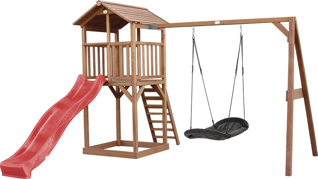 AXI Beach Tower Spielturm aus Holz in Braun | Spielhaus für Kinder mit roter Rutsche, Nestschaukel und Sandkasten | Stelzenhaus für den Garten
