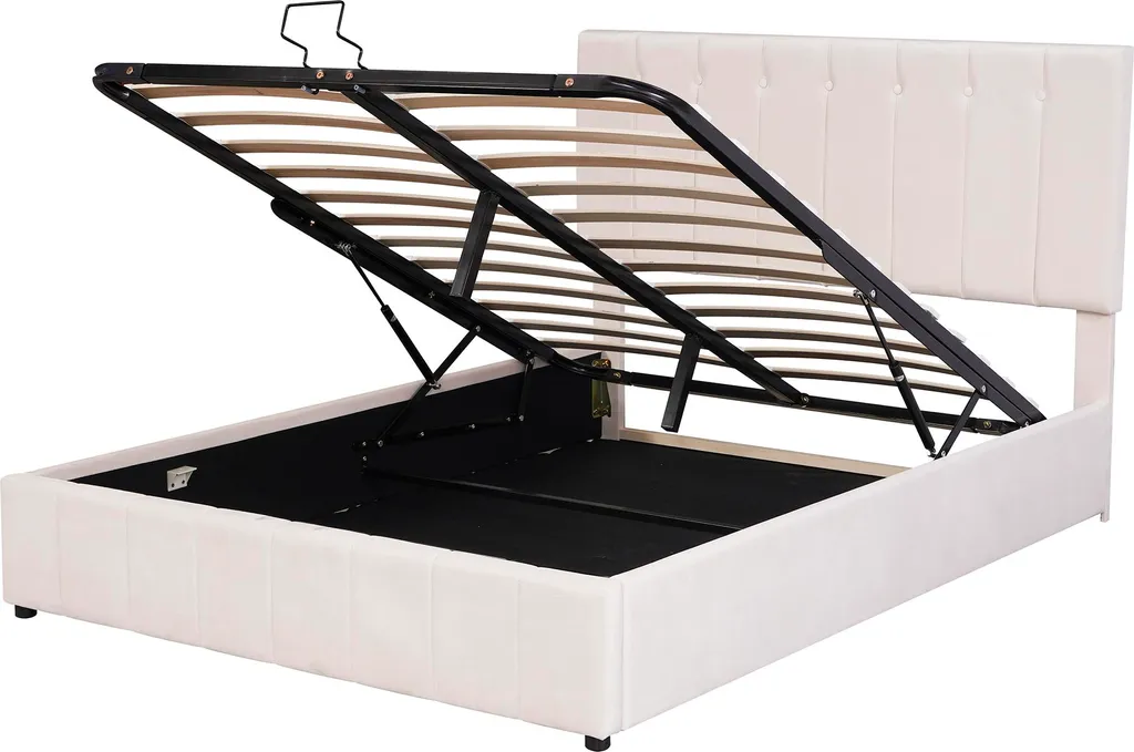 Lit capitonné 140x200 relevable hydraulique en velours blanc crème