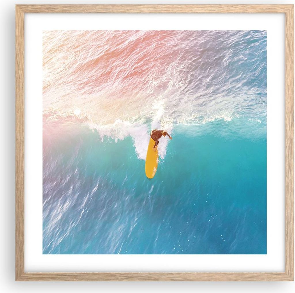 Gerahmtes Poster - Rahmen in heller Eiche - Surfen Welle Licht - 50x50 cm - Wand Bild - Wanddeko - Wandbilder - Kunstposter - Wandposter - Bilderra...