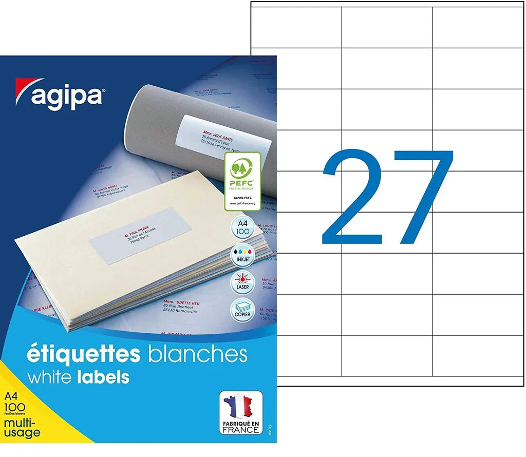 Étiquettes autocollantes blanches Agipa 31x70 mm pour imprimante laser