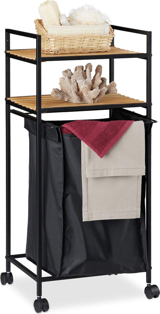 Relaxdays Rollregal Bad, 2 Ablagen, Badregal mit Wäschekorb, Metall, Bambus, HBT: 89,5 x 39 x 32,5 cm, schwarz/natur