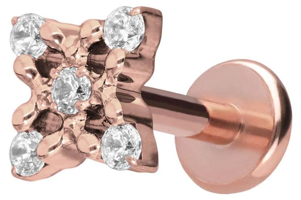 Ohrpiercing, Nasenpiercing Titan Labret mit Push Fit KRISTALLBLUME RoséGold Stablänge: 6mm | Stabstärke: 1,2mm