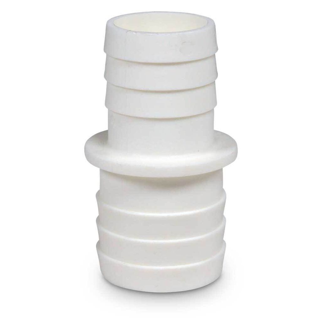 A white plastic hose connector with ribbed ends.