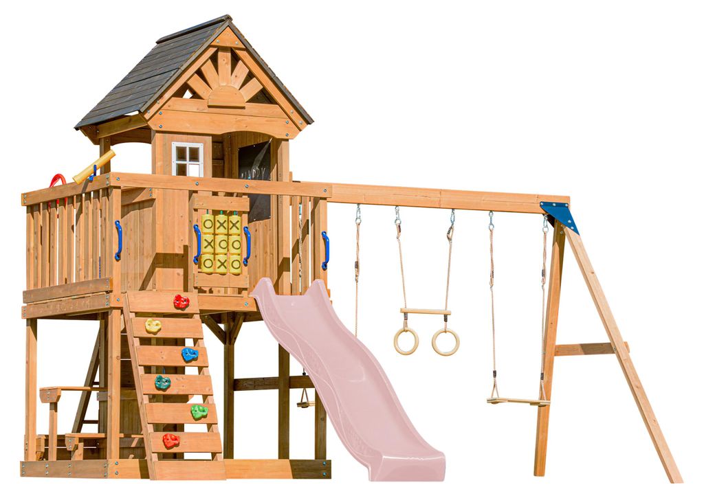 AXI Jack Spielturm aus Holz in Braun mit Doppelschaukel | Spielplatz für Kinder mit Pastellrosa Rutsche, Schaukel, Trapez, Kletterwand, Picknickti...