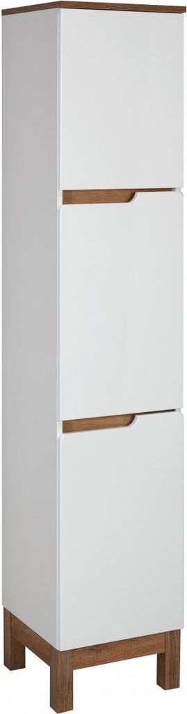 A tall, narrow cabinet with three doors and wooden legs, shown from a three-quarter angle.
