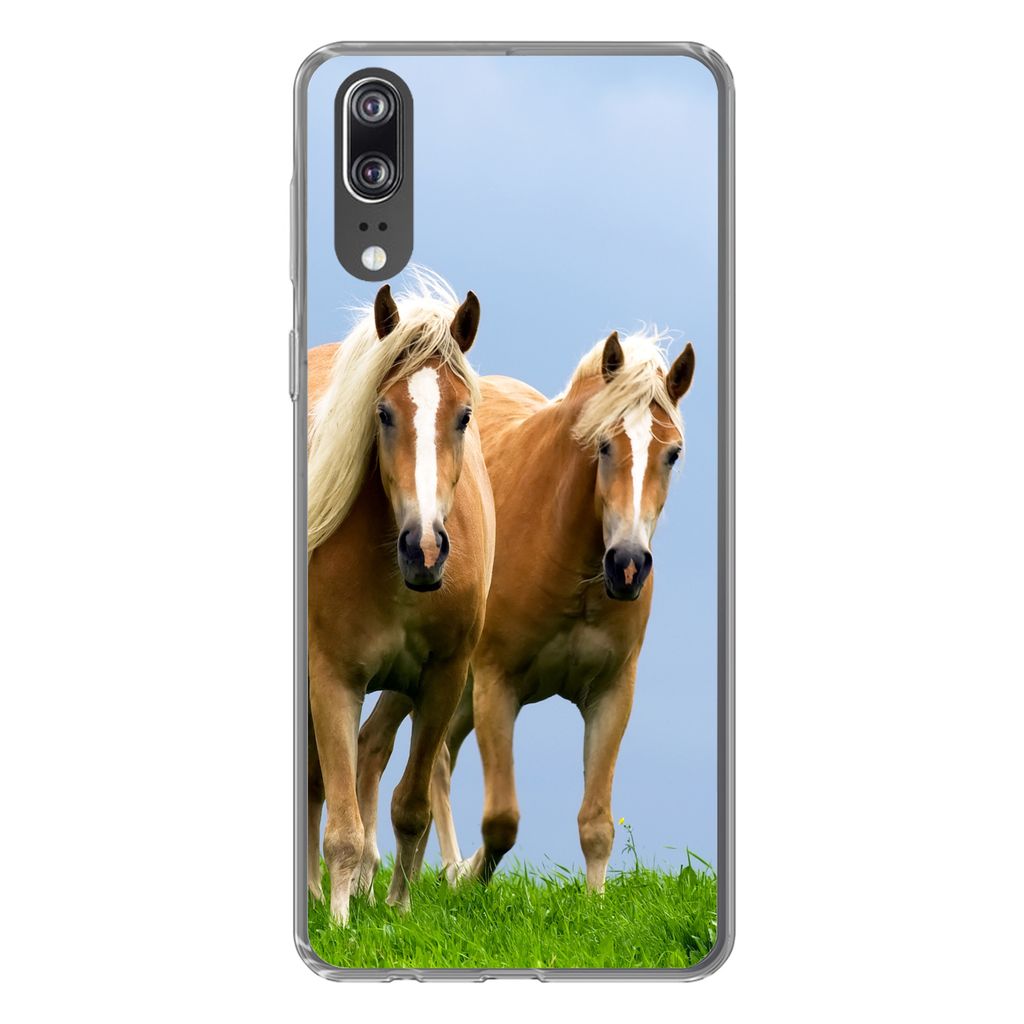 MuchoWow Handyhülle Schutzhülle Hülle für Huawei P20 Pferde - Gras - Luft Silikon Softcase Handy Hülle - Hardcover