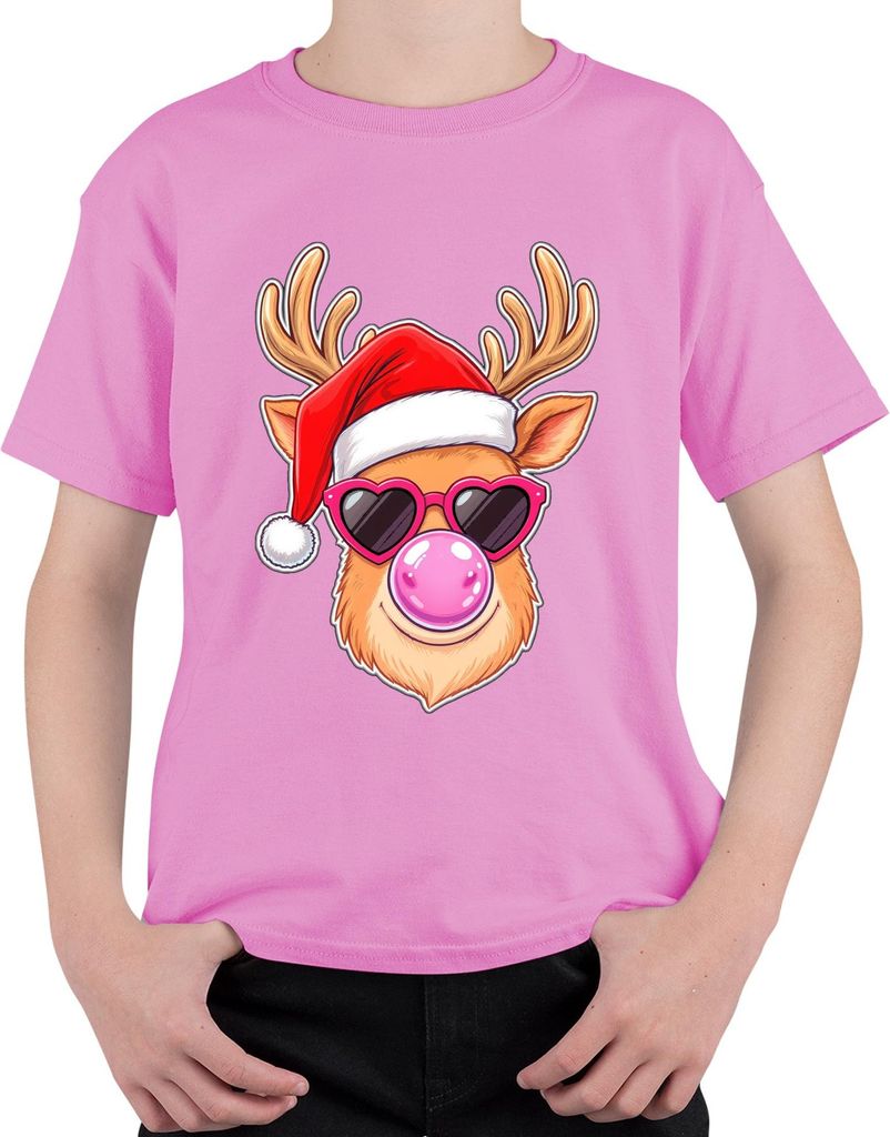 Weihnachten Rentier Santa Mütze Herz Sonnenbrille Kaugummi Lustig Uni Kinder T-Shirt, Pink, 128